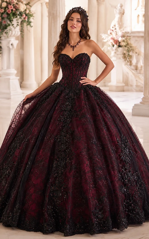 Vestido de fiesta formal de princesa, sin tirantes, escote corazón, de encaje, color negro burdeos, estilo romance oscuro.