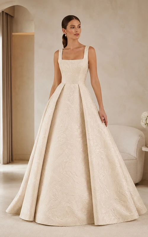 Schlichtes, bodenlanges Ballkleid aus geprägtem Crêpe mit quadratischem Ausschnitt und Trägern
