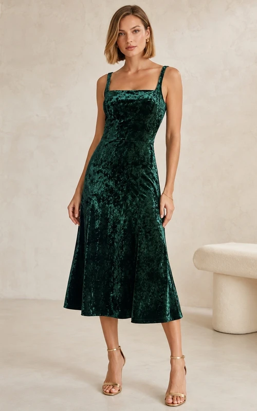 Green Spaghetti Sleeveless Velvet Tea-length Sheath Modern Elegant Dress