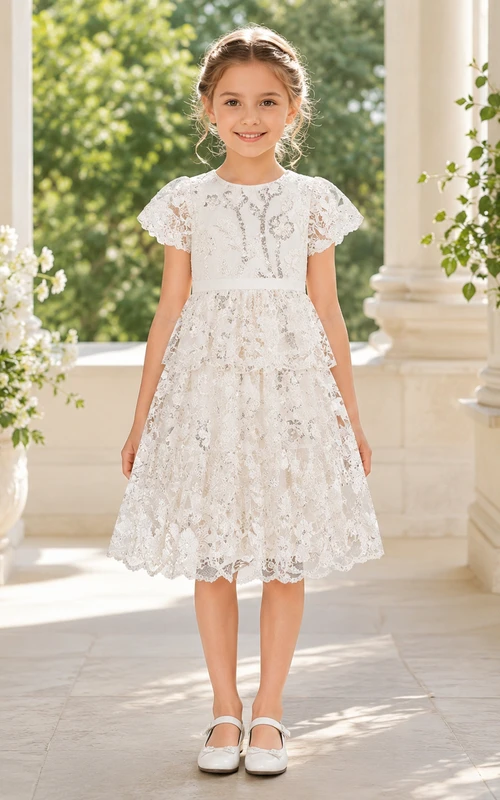 Short Lace A-Line Flower Girl Dress with Short Sleeves, Jewel Neck and Knee-Length Skirt