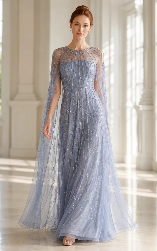 Stahlblaues Illusion-Cape-Tüllkleid in A-Linie mit linearem Perlenbesatz für Abend- und festliche Anlässe