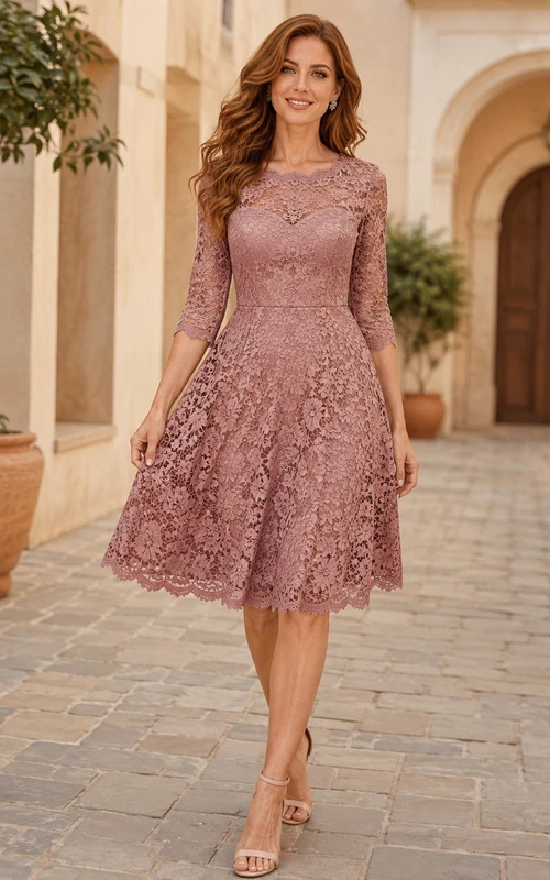Vestido de cóctel de corte A, largo hasta la rodilla, con encaje rosa empolvado y mangas tres cuartos.