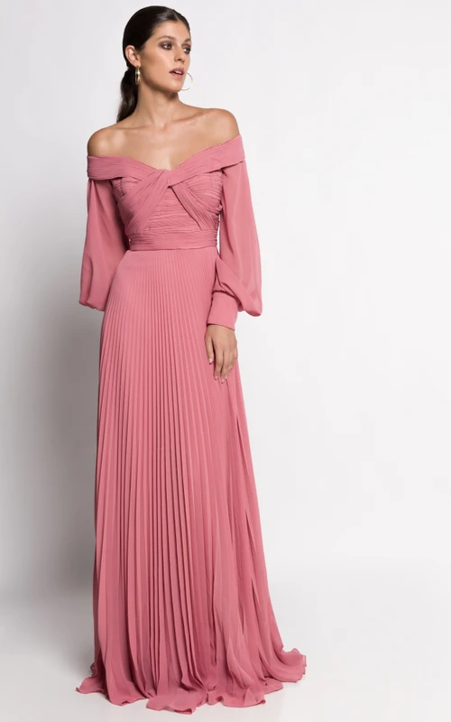 Robe de bal Poète en mousseline de soie à manches longues et coupe trapèze, ornée de plis