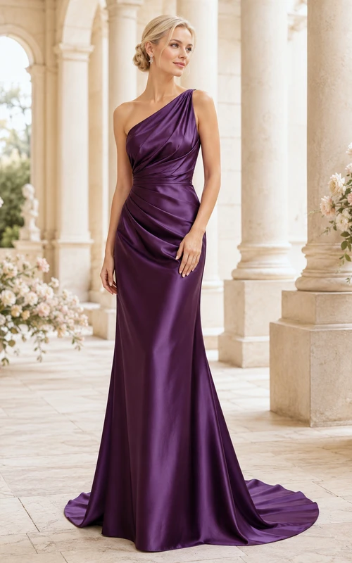 Robe de mariée en satin à une épaule, drapée sur le côté, avec traîne, couleur raisin