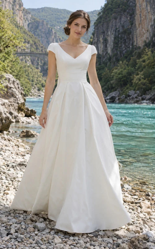 Vestido de novia sencillo de corte A con escote en V, mangas cortas y espalda ladeada con pliegues.