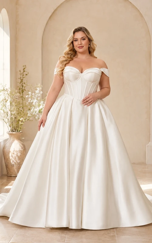 Vestido de novia formal de corte A con hombros descubiertos, talla grande, estilo romántico.