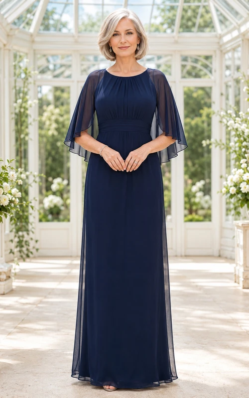 Marineblaues Chiffon-Mutterkleid mit U-Boot-Ausschnitt und flatterndem Cape