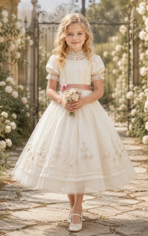 A-Line Victorian Inspired Flower Girl Dress with Puff Sleeves, Floral Lace Bodice, Scalloped Tulle Skirt, Waist Bow, Victorian Style