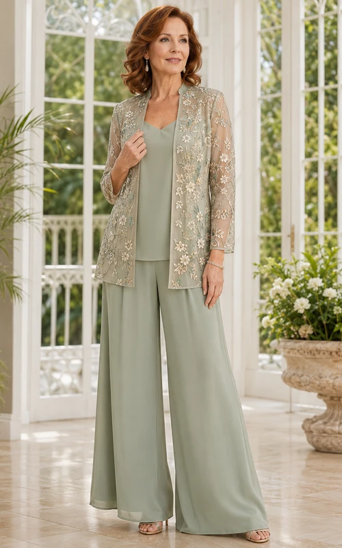 Salbeigrüner, romantischer Hosenanzug mit Kontrastblumenmuster, Dreiviertelärmeln, langem Blazer und weitem Bein – perfekt für die Mutter der Braut.