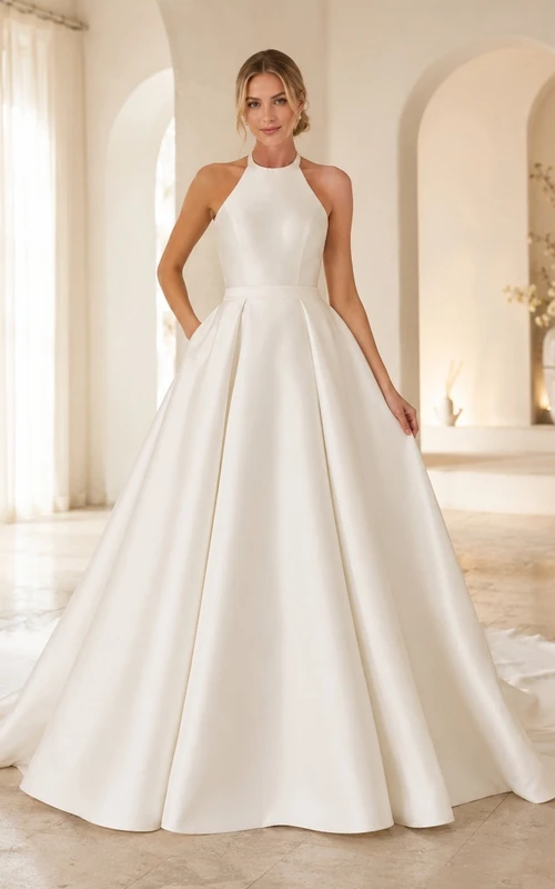 Vestido de novia sencillo de corte princesa con escote halter y cola lisa.