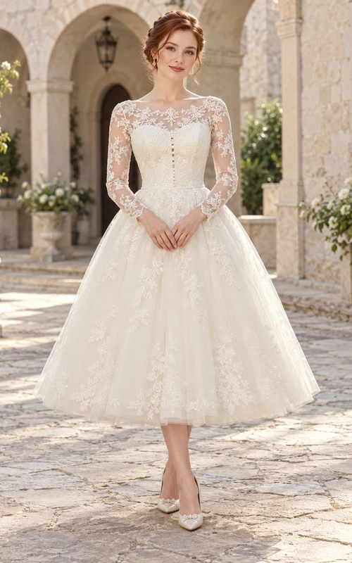 Vintage Tea-length Long Sleeve Button Bodice Tulle A-line Wedding Dress