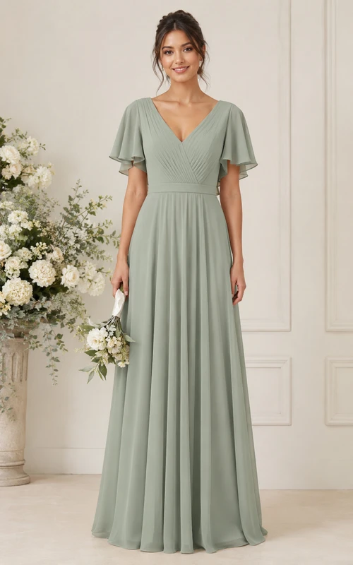 Robe de demoiselle d'honneur en mousseline de soie, col en V, manches courtes, coupe trapèze, couleur sauge
