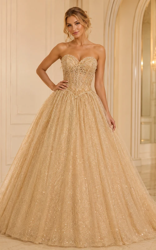 Vestido de princesa de quinceañera de lujo color champán, sin tirantes, con escote corazón, bordados y tul brillante.