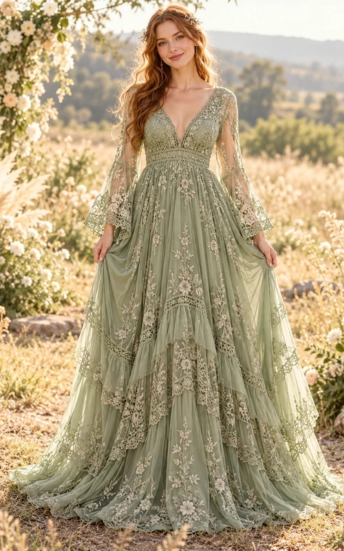 Boho Sage Green Bell Sleeve V-neck Tiered Lace Wedding Dress