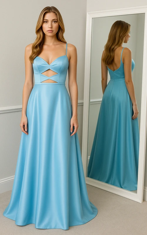 Spaghetti Blue Satin Keyhole Simple Floor-length Dress