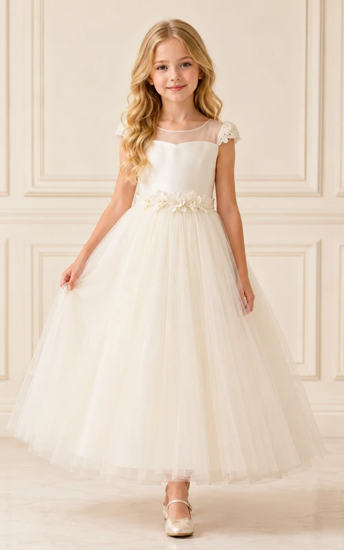 Lace Floral Applique Sleeveless Tulle Tea-Length A-Line Formal Flower Girl Dress