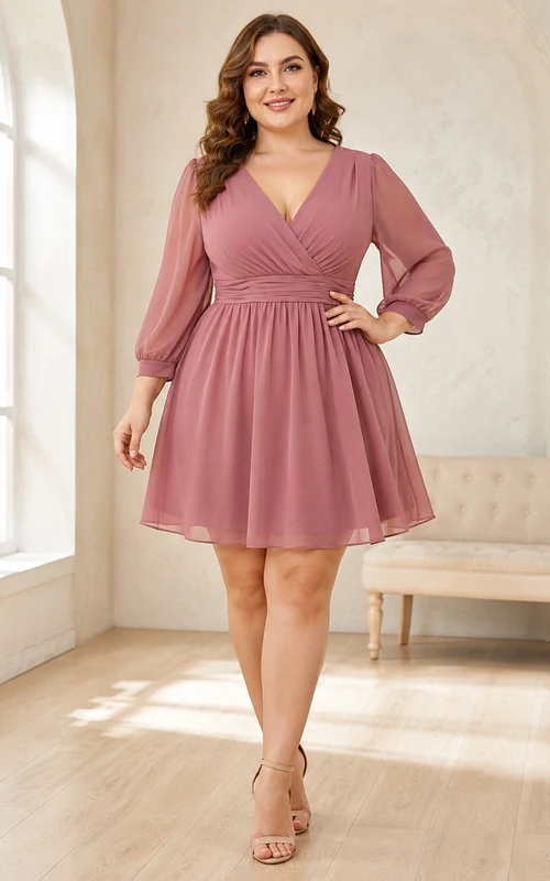 Minikleid aus Chiffon in Altrosa mit V-Ausschnitt, langen Ärmeln und A-Linien-Schnitt, Übergröße