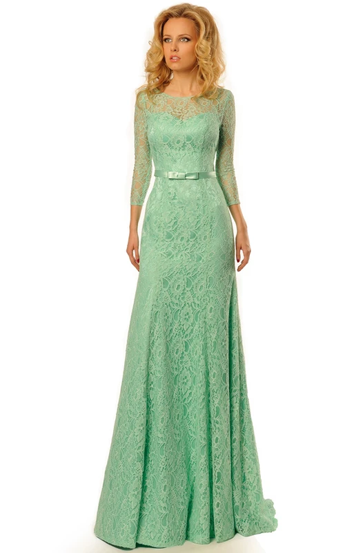 Maxi-Abendkleid mit Schleifen, Rundhalsausschnitt, 3-4 Ärmeln, Spitze und Schleppe