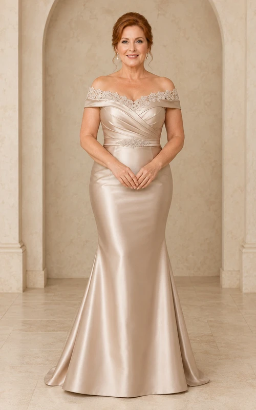MOB-Kleid Champagner Satin Spitze Meerjungfrau Kurzarm Schulterfrei Bodenlang Gerafft
