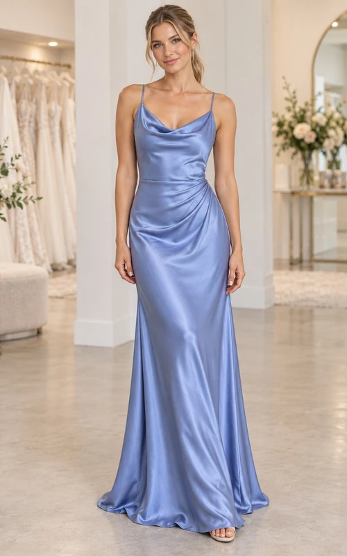 Vestido de dama de honor sencillo, largo hasta el suelo, de satén color bígaro, con cuello drapeado, fruncido lateral y corte al bies.