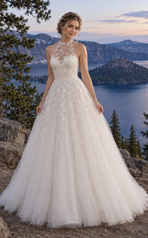 Vestido de novia de gala con cuello alto, apliques de tul y satén con encaje floral y espalda transparente.