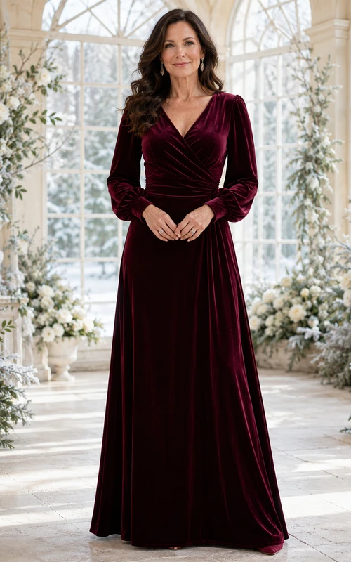 Burgundy velvet V neck long sleeve A line mother gown