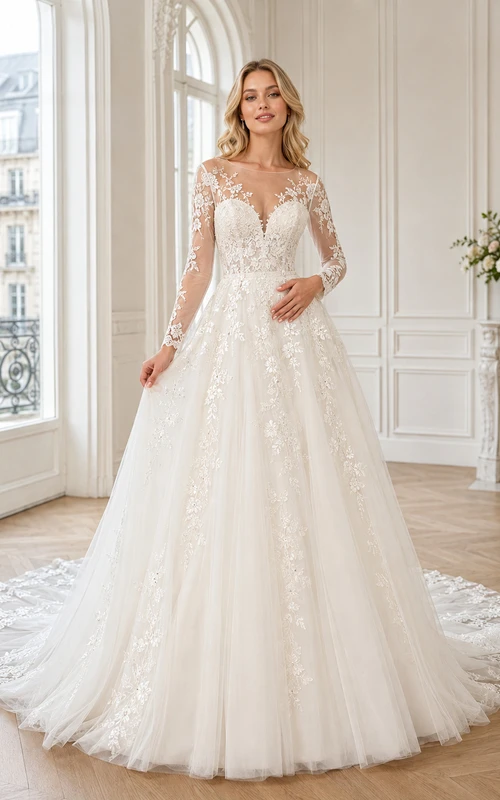 Robe de mariée champêtre en dentelle sculptée et tulle, col V, manches longues, coupe trapèze, traîne chapelle, applications florales.