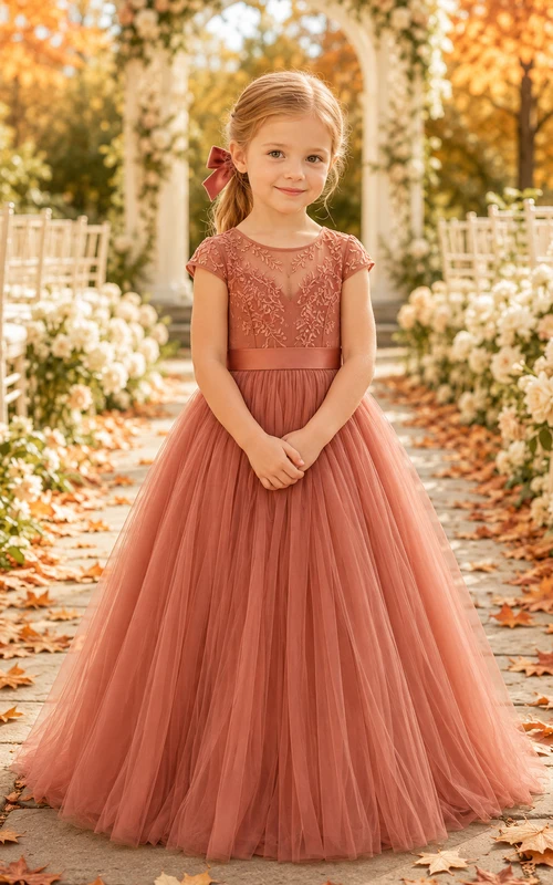 Flower Girl Dress A-Line Papaya Lace Tulle Cap Sleeve Formal Garden