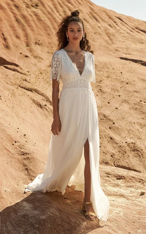 Vestido de novia de compromiso estilo diosa griega de encaje blanco estilo bohemio para fugarse y casarse