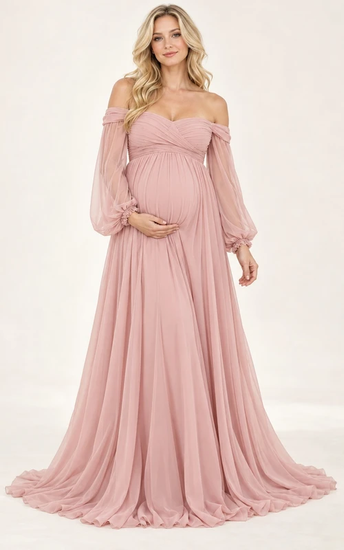 Maternity Long Sleeve Blushing Pink Off Shoulder Draped Empire Gown