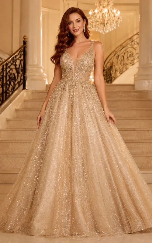 Champagne Beaded Sleeveless Sparkle Tulle Ball Gown Dress