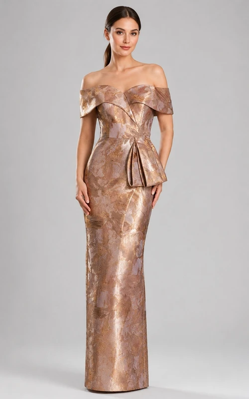 Taupe Taffeta Off-the-shoulder Sheath Short Sleeve Draped Peplum Formal Mother Gown
