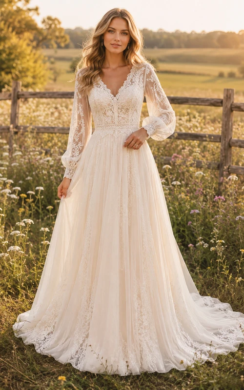 Country Lace Wedding Dress A-Line V-Neck Long Sleeve Chapel Train Bridal Gown