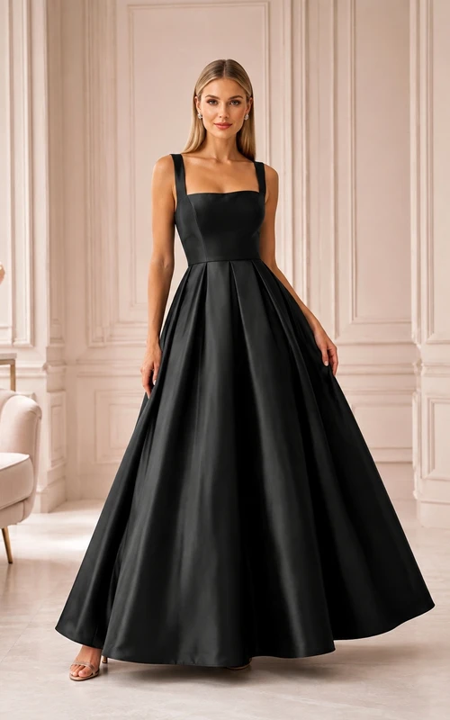 Modern Black Satin Ball Gown Floor-Length Square Neck Straps Formal Dress