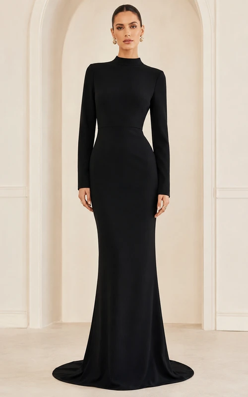 Vestido de noche de punto negro, vestido de corte sirena con cuello alto y cola larga con fruncido.