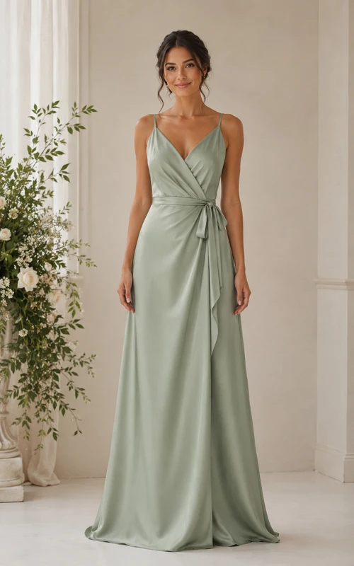Salbeigrünes Brautjungfernkleid aus Satin mit V-Ausschnitt und A-Linien-Schnitt