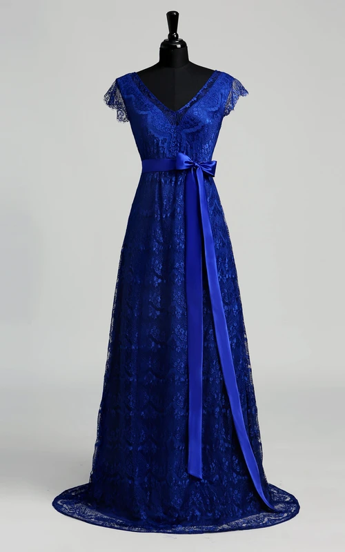 A-line V-neck Cap Short Sleeve Floor-length Lace Dress with Sweep/Brush Train