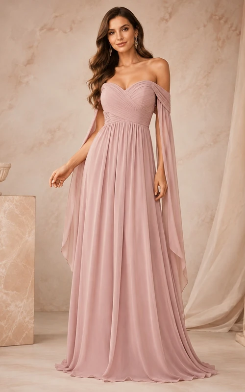 Dusty Rose Off-Shoulder Chiffon Empire A-Line Cape Sleeve Evening Dress