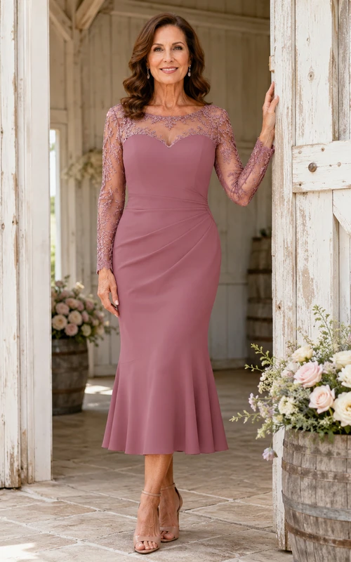 Dusty Rose Romantic Sweetheart Lace Mermaid Tea-Length Mother of the Bride Dress with Three-Quarter Illusion Sleeves