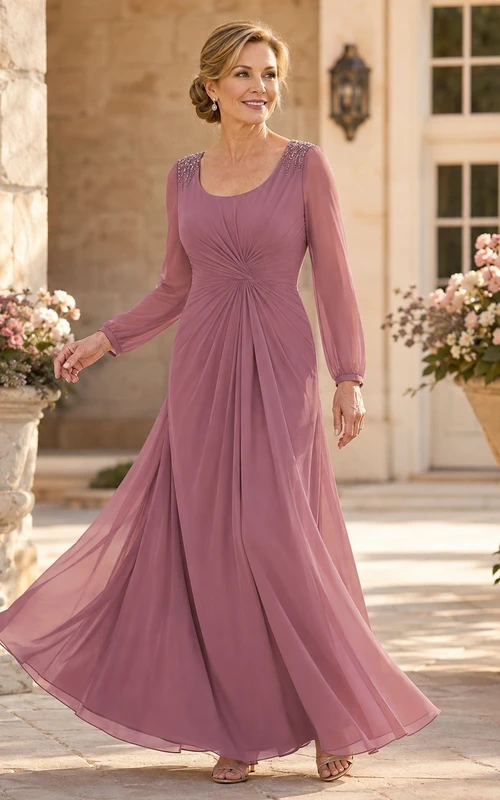 Dusty Rose Mother Dress Long Sleeve Flowing A-Line Floor Gown