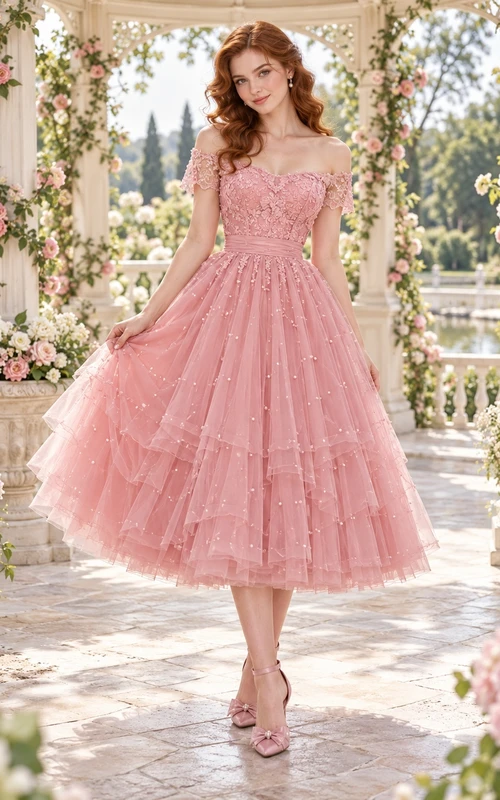 Robe de bal rose années 1950, longueur thé, épaules dénudées, dentelle et tulle à volants