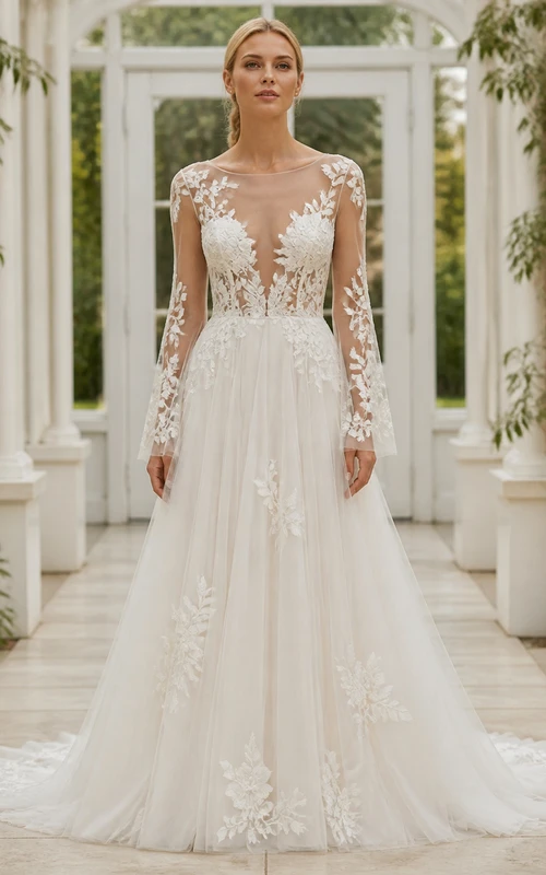 Vestido de novia de lujo de manga larga, corte A, escote barco, encaje botánico transparente y cola catedral.
