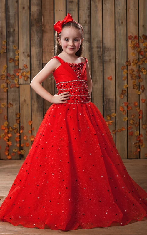Robe de demoiselle d'honneur trapèze à bretelles évasées et taille perlée