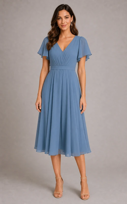 Robe trapèze en mousseline bleu acier, col en V, longueur thé, manches papillon