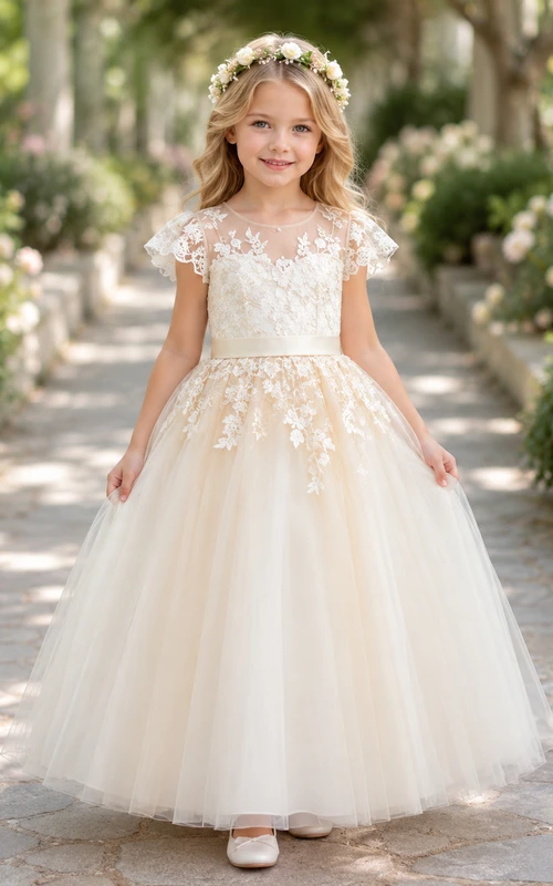 Lace Tulle A-Line Flower Girl Dress with Jewel Neck and Tea-Length Skirt