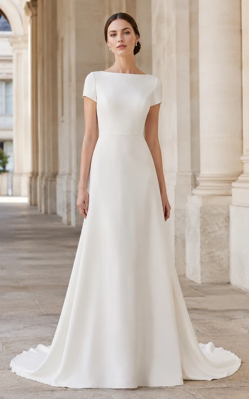 Robe de mariée simple, longue jusqu'au sol, en satin, à manches courtes et fourreau, style modeste, avec encolure bateau.
