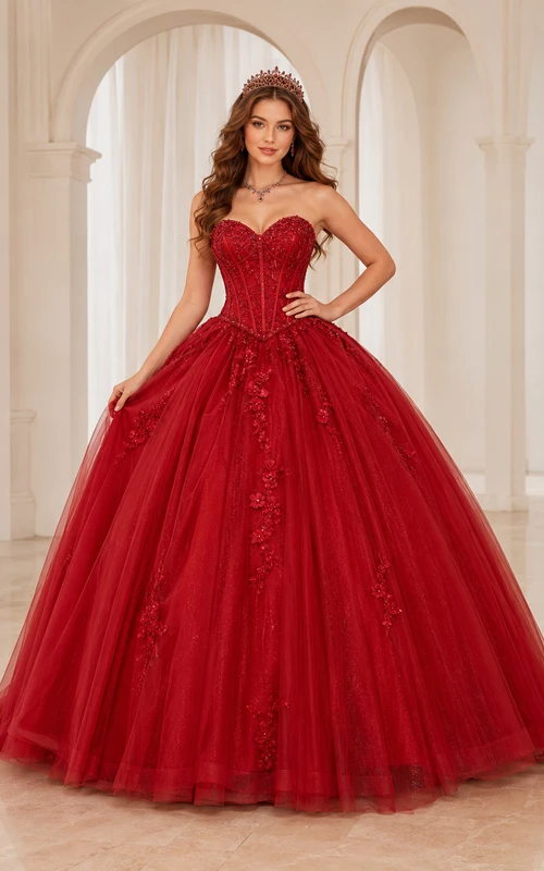 Red Luxury Strapless Sweetheart Corset Applique Tulle Princess Quinceanera Ball Gown