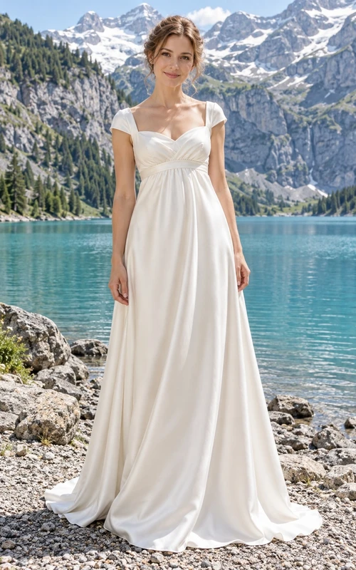 Vestido de novia sencillo de corte A con escote corazón, manga corta, satén fruncido y cola.