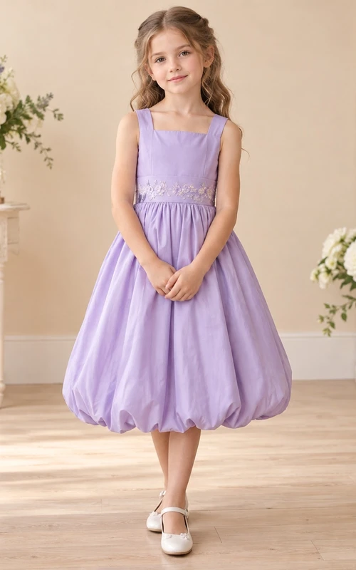Square Neck Lavender Knee Length Sleeveless Floral Waist Cotton Flower Girl Dress