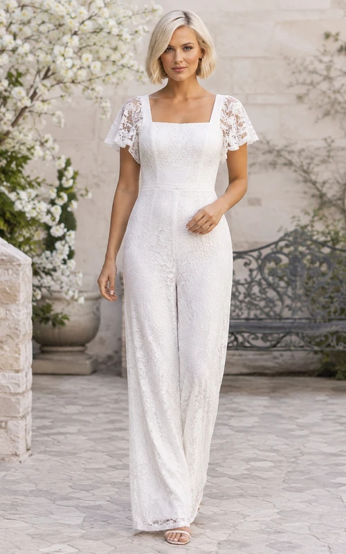 Combinaison en dentelle moderne à col carré et manches bouffantes, tenue de mariage civil au sol